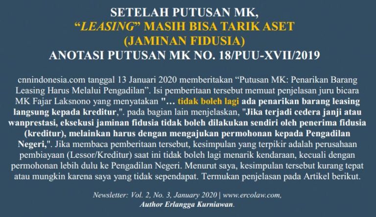 “LEASING” MASIH BISA TARIK ASET, ANOTASI PUTUSAN MK TENTANG FIDUSIA NO. 18/PUU-XVII/2019